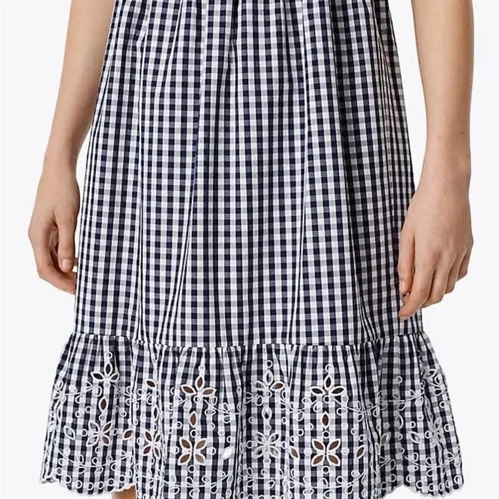 Tory Burch Navy and White Gingham Smocked Midi Dress
